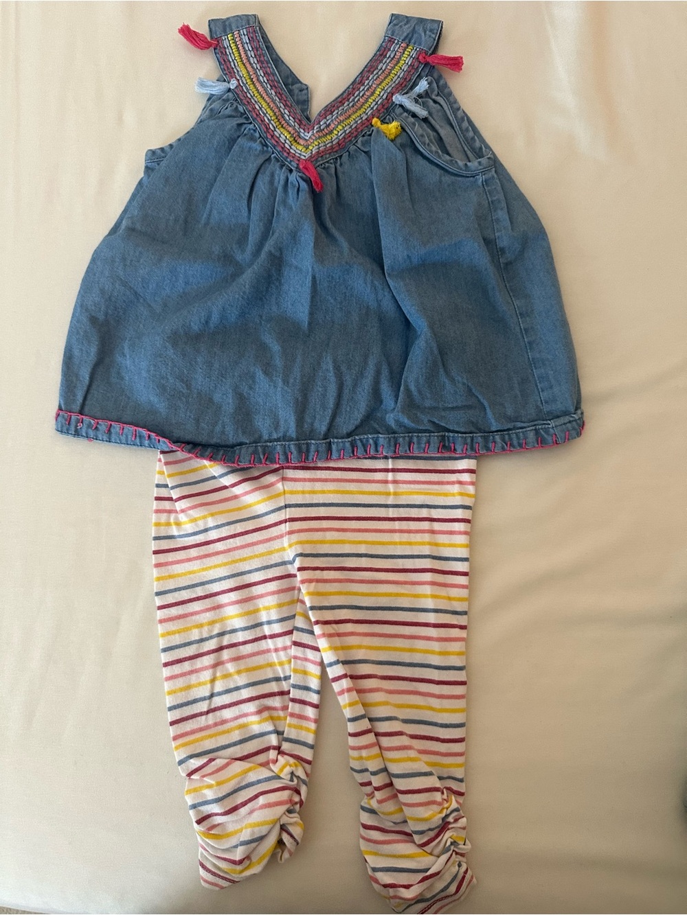 Mud Pie Denim Tunic with Multicolor Striped Leggings